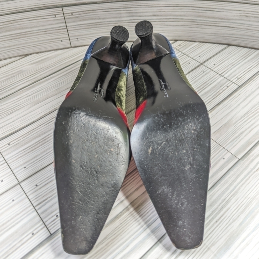 Salvatore Ferragamo Mary Jane Kitten Heels in Velvet Colorblock Size 7.5 - Picture 12 of 16